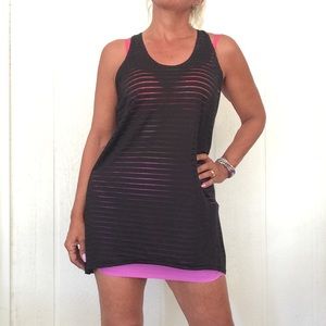 BLACK SHEER STRIPE SWIM COVERUP MEDIUM